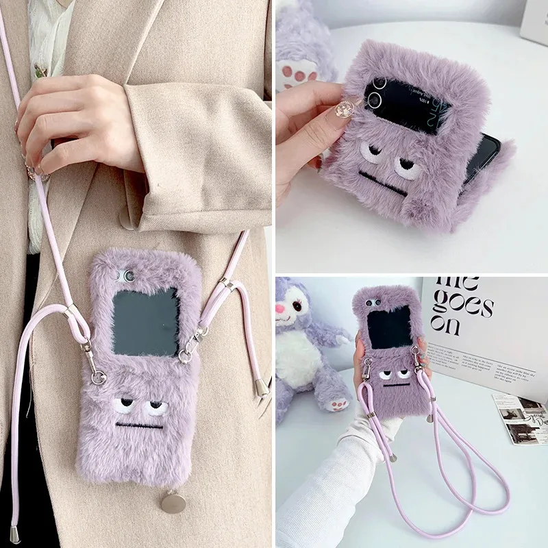 For Samsung Galaxy Z Flip 4G 6 5 4 3 5G Fashion Soft Purple Plush Fluffy Funny Expression Case Cover With Crossbody Long Strap