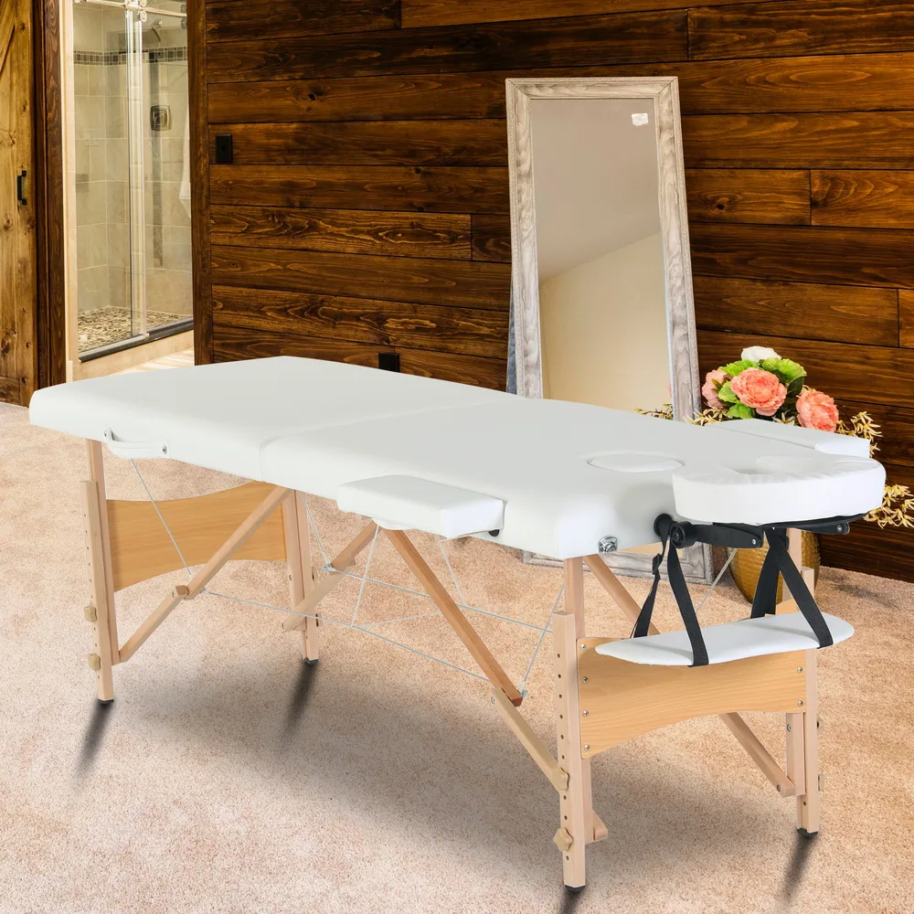 Beauty Massage Table Bed 2 Sections Folding Beech Leg 186x60x60CM Height Adjustable Versatile Portable White[US-Stock]