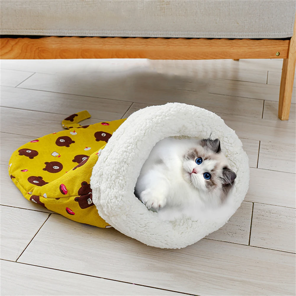 

Cat Sleeping Bag Soft Comfortable Fluffy Thicken Pocket Type Pet Bed Winter Warm Semi Closed Kitten Nest Fleece Puppy Kennel