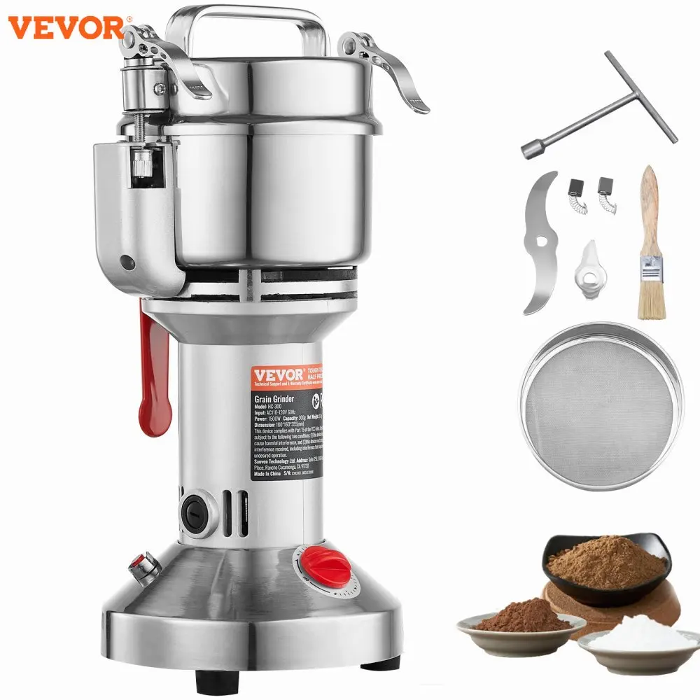 VEVOR 300g Electric Grain Mill Grinder High Speed  Commercial Spice Grinders  Stainless Steel Pulverizer Powder Machine