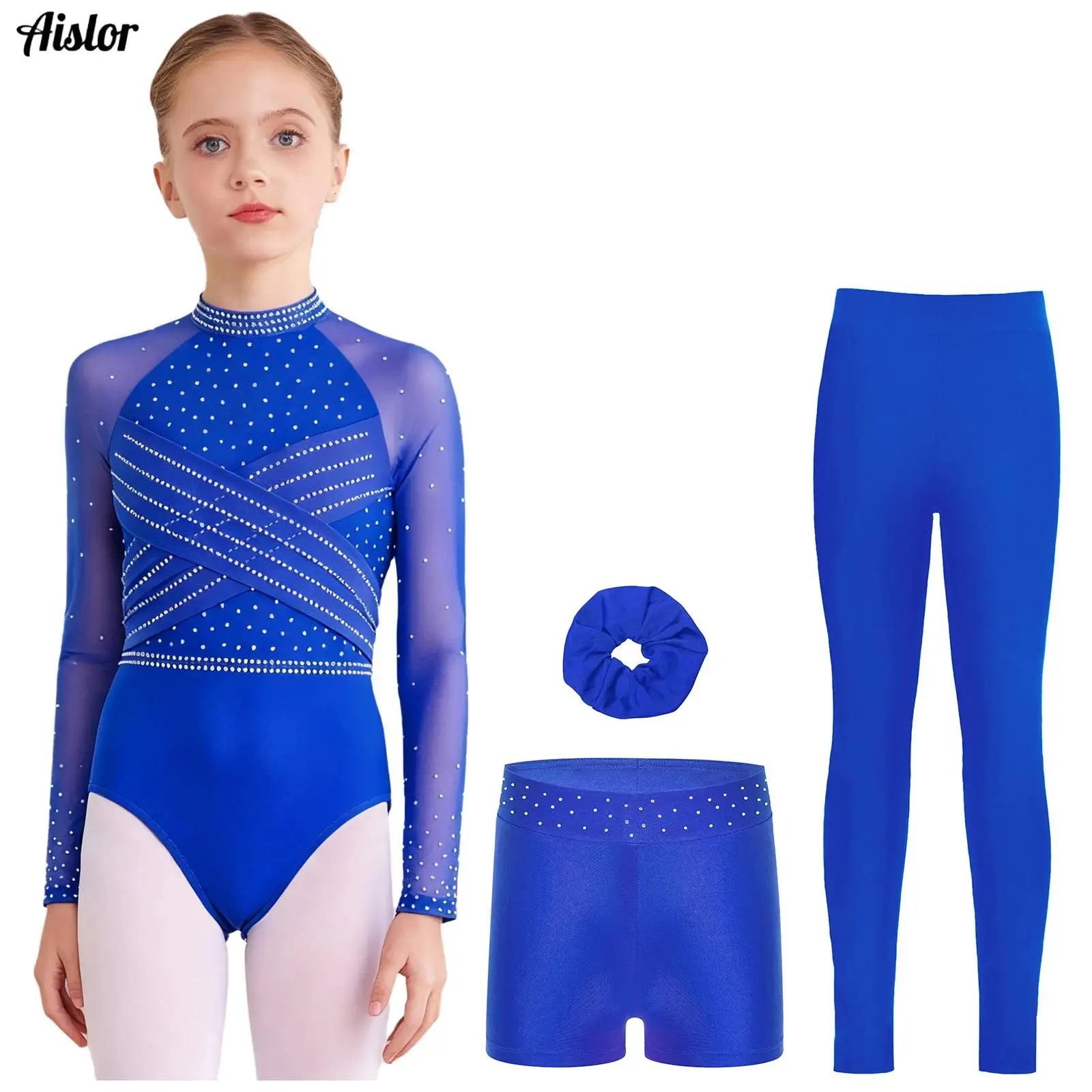 

4Pcs Kids Girls Gymnastics Outfit Sheer Mesh Long Sleeves Cross Front Cutout Back Leotard with Shorts Leggings and Hair Band Set