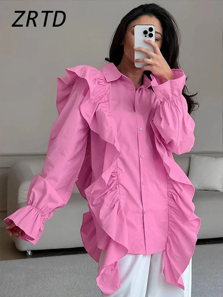 Street Women's Ruffles Solid Shirt Casual Lapel Single Breasted Flare Sleeve Female Blouse 2025 Spring Lady Chic All-match Tops