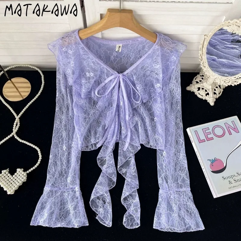 

Matakawa Lace Shirts&blouses Women Tops Transparent Solid Spring Summer Blusas Mujer Flare Sleeve Sunscreen Ruffles Camisas