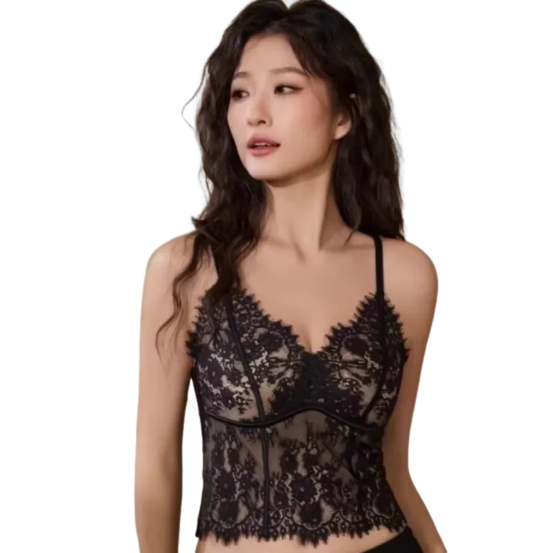 Sexy V Neck Eyelash Lace Cami Top,Fish Bone Detail,Backless Beauty Back,Hook Flower Inner Wear,Fashion Sleeveless Vest KUCLUT