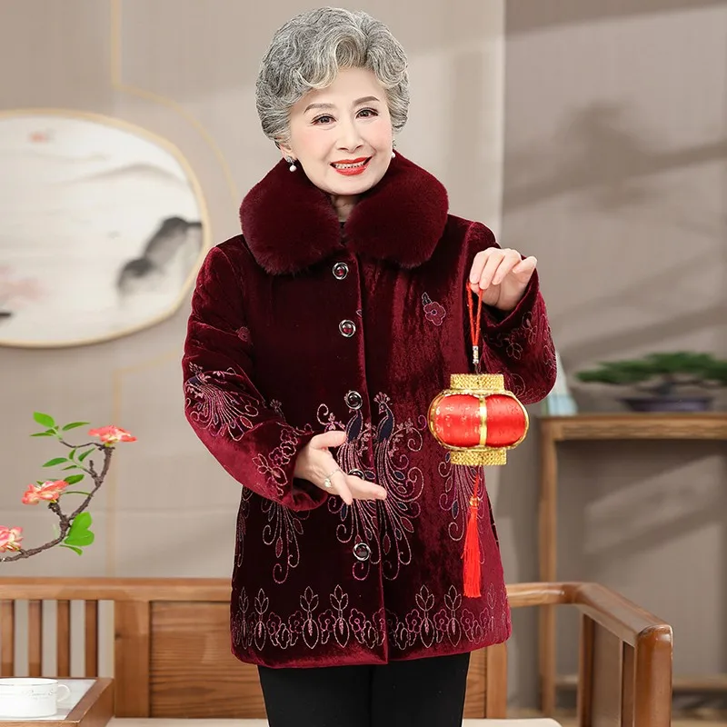 Winter Women\'s Cotton-Padded Jacket 50 To 80 Year Old Grandma Coat Thick Velvet Warm Middle Aged Mother Positioning flower Parka