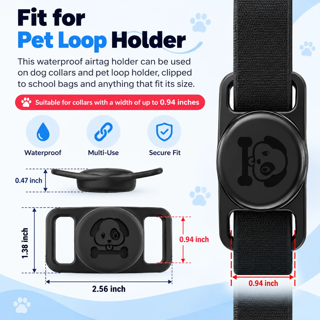 GITFOS Waterproof AirTag Holder for Dog Collar, Soft Silicone Slide-On Case, No-Dangle, Fits Up to 0.94 Inch Dog Cat Collars