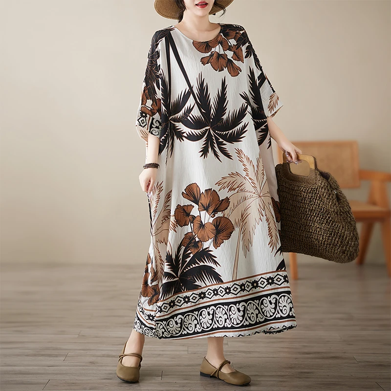 NYFS 2025 فساتين نسائية صيفية جديدة Vestidos رداء Ete فام Elbise فضفاضة قصيرة الأكمام القطن الكتان القطن الكتان طباعة فستان طويل