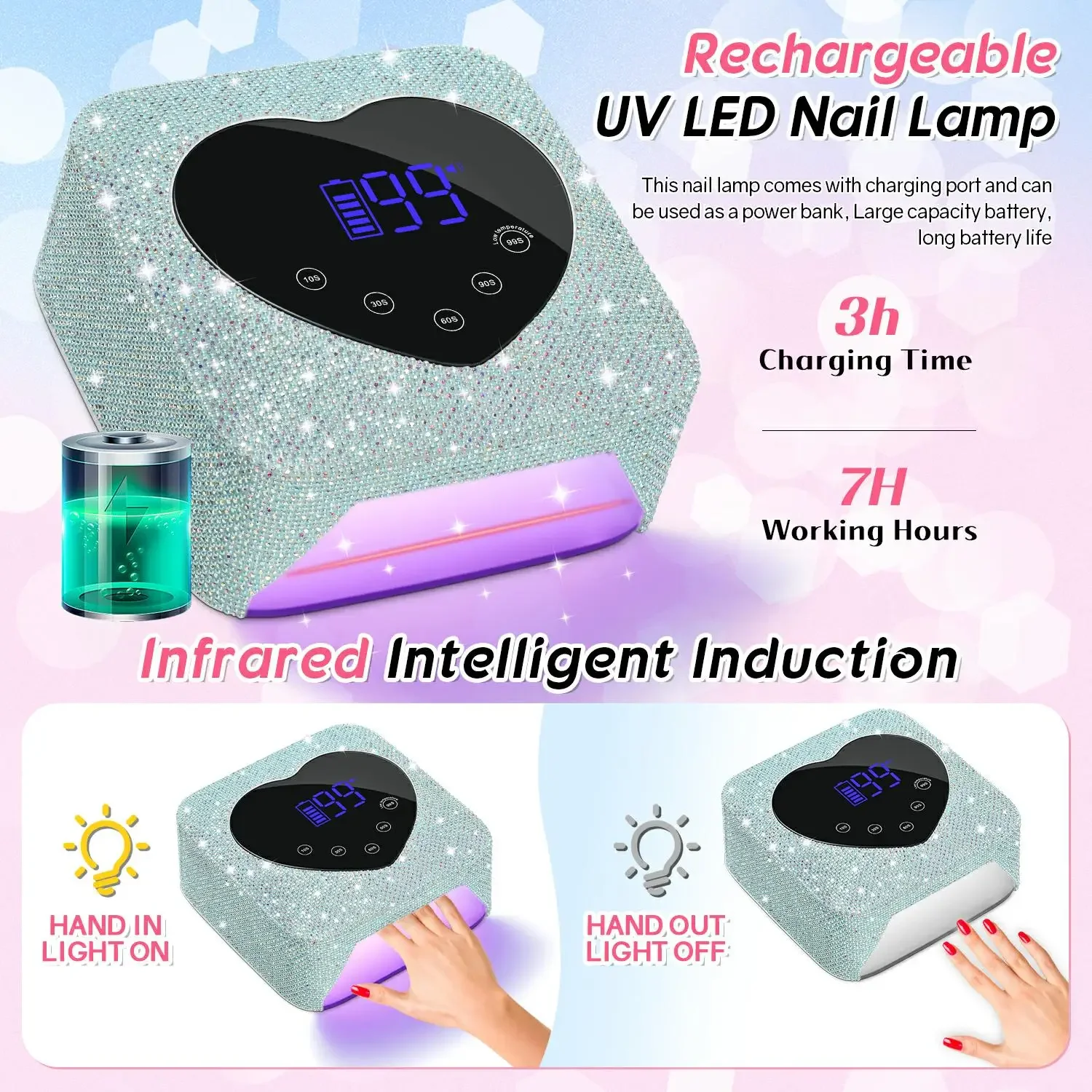 무선 LED UV 램프, 네일 건조 램프, 매니큐어 네일 광택제 건조기, 스마트 센서, 충전식 매니큐어 램프, 72W