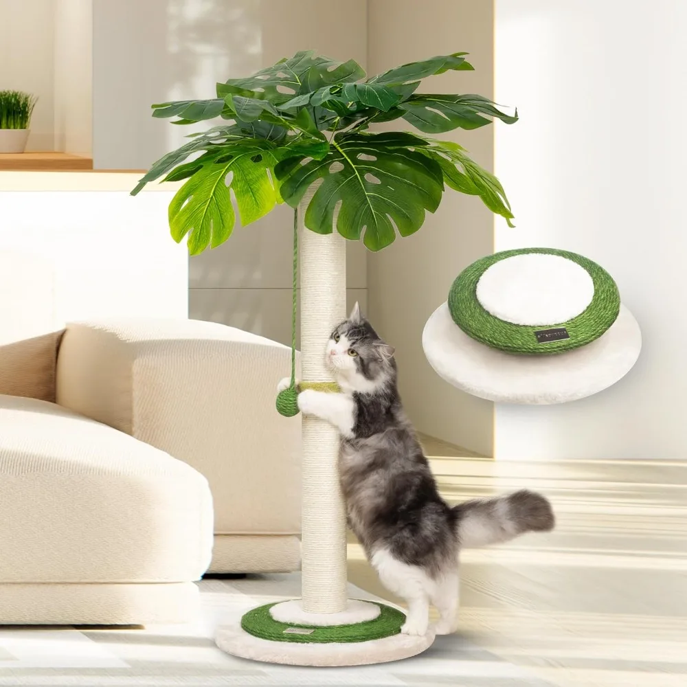 

Cat Scratching Post for Space-Saving,35” Tall Modern Monstera 3 Layer Cat Tree Tower with Sisal Rope Hanging Interactive Ball