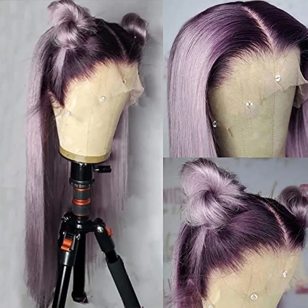 24 Inch Rooted Lavender Purple 13x4 Lace Front Wig Dark Roots Ombre Pre-Plucked Realistic Hairline Synthetic Straight Hair