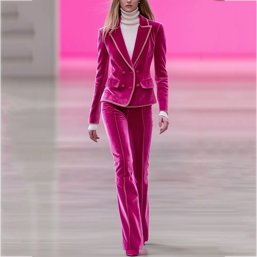 Elegant Velvet Women Suit Two Piece Slim Double Breasted Modern Style Peak Lapel Model Show Luxury Lady Sets Fall Outfits