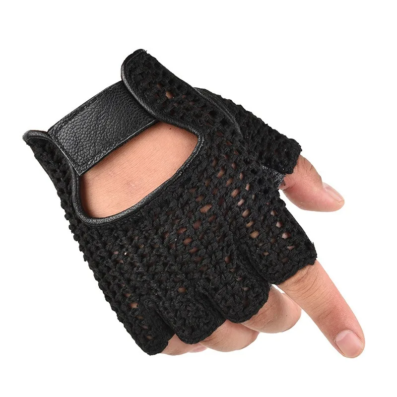 Leather Mesh Fingerless Gloves Motocross Fishing Net Car Driving Tactical Gloves Motorcycle Cycling Men\'s Gloves