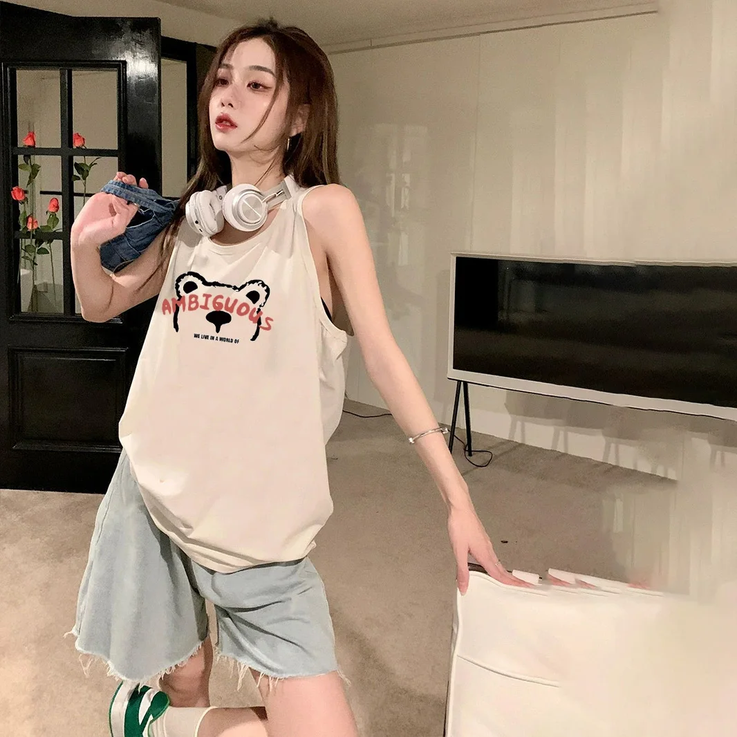 JHJN Women T-Shirts Sleeveless Large Size Loose Tees Cartoon Little Bear Print Tshirt Female Tank Tops Breathable And Cool Vest