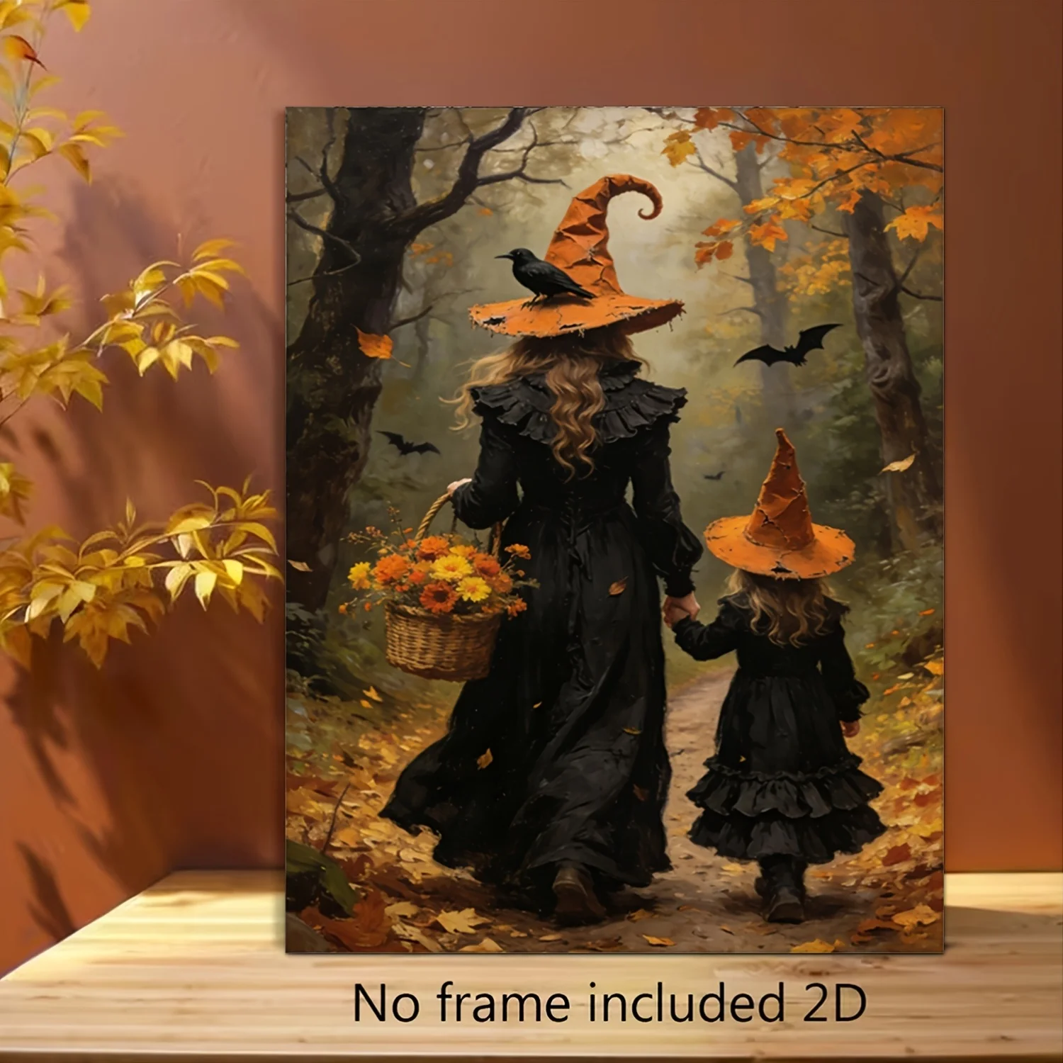 1pc Retro Style Witch Mother And Daughter Frameless Canvas Painting, Autumn Forest And Bat Print Pattern, 2D Flat Art, Non-W