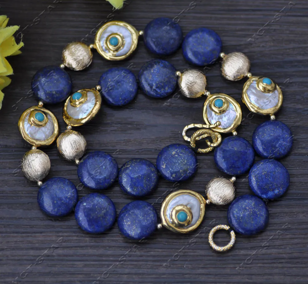 

MTC·STAR Z13313 24" White Pearl Blue Lapis Lazuli Gold Plating Coin Necklace Custom Jewelry