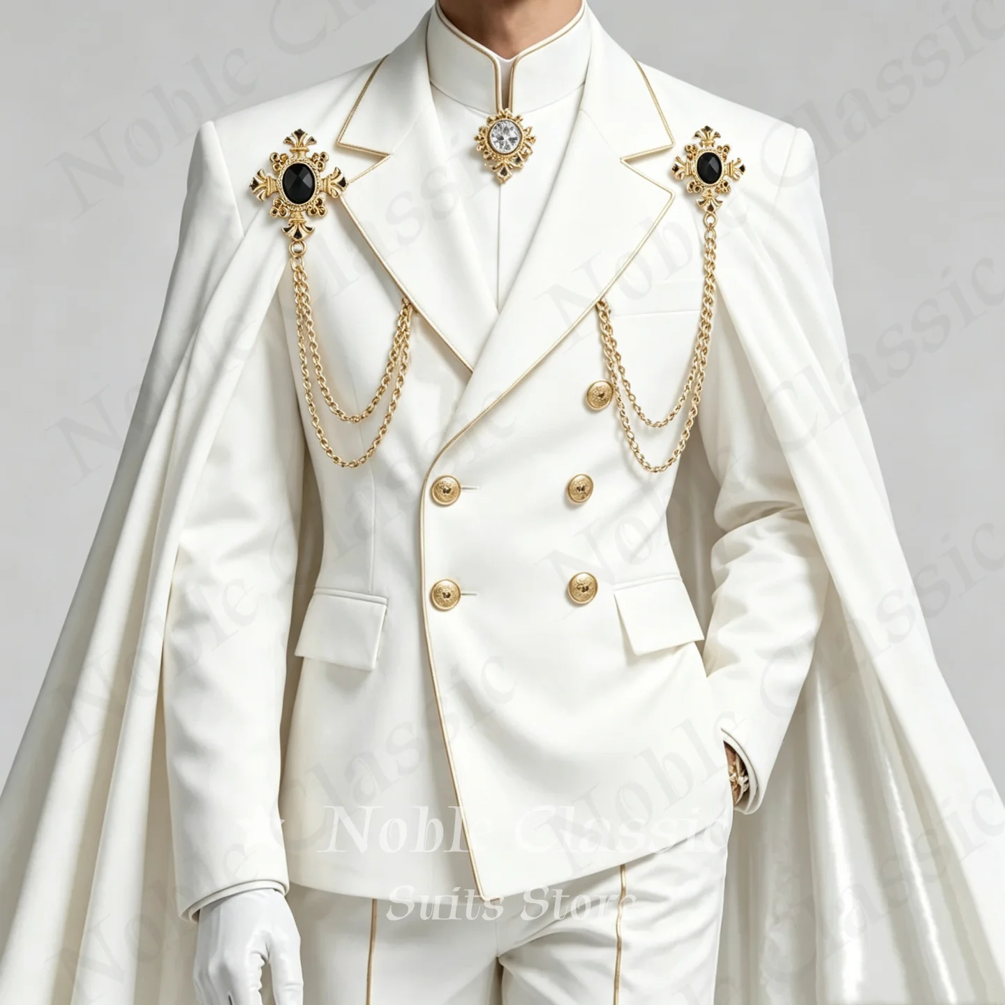 White 2 Pieces Suit Double Breasted Men Royal Cape Gold Chain Embellished Medieval Prince Blazer Pants Wedding Groom Customized