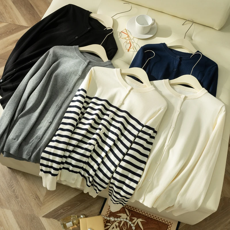 

mat Pure Cotton Knitted Cardigan round Ne Basic Versatile Spring 2026 Ele Personali Long Sve Striped Button...