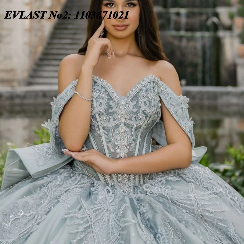 EVLAST Maßgeschneidertes glänzendes Aquablaues Quinceanera-Kleid, Ballkleid, Spitze, Perlenstickerei, Schleife, Korsett, Sweet 16, Vestidos 15 Anos E2QA118