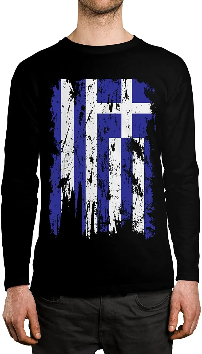 

Distressed Greece Flag Men's Long Sleeve Shirt Full Casual 100% Cotton Harajuku Men Tshirt