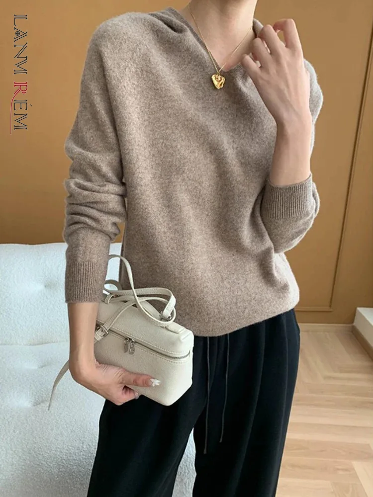 

[LANMREM] Hooded Wool Knitting Pullover Sweater For Women Long Sleeve Fit Female Tops Fashion Solid 2024 Autumn New 26C460