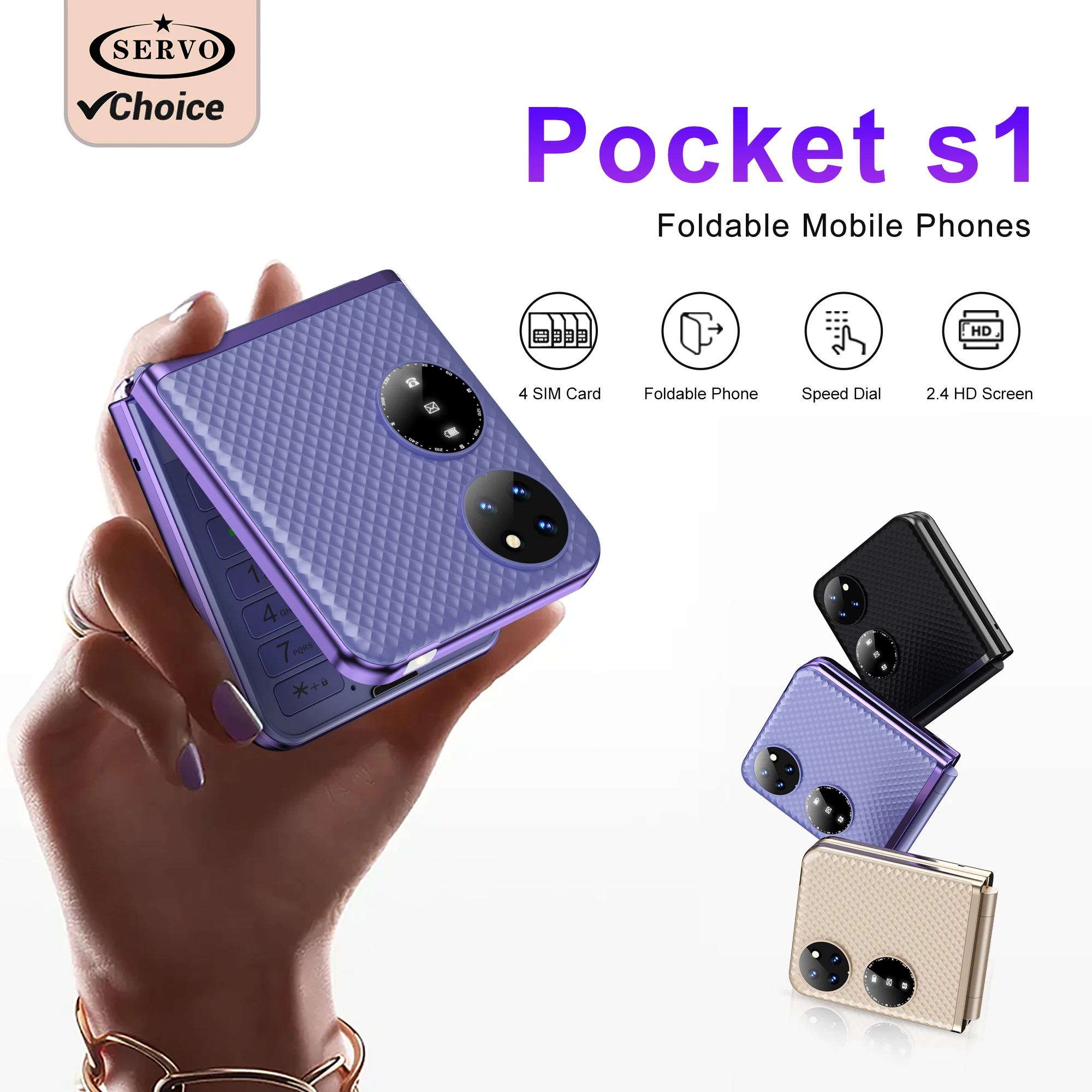 SERVO Pocket S1 Flip Mobile Phone 4 SIM GSM Auto Call Record Magic Voice Speed Dial Blacklist Fold Feature Cellphone Flashlight