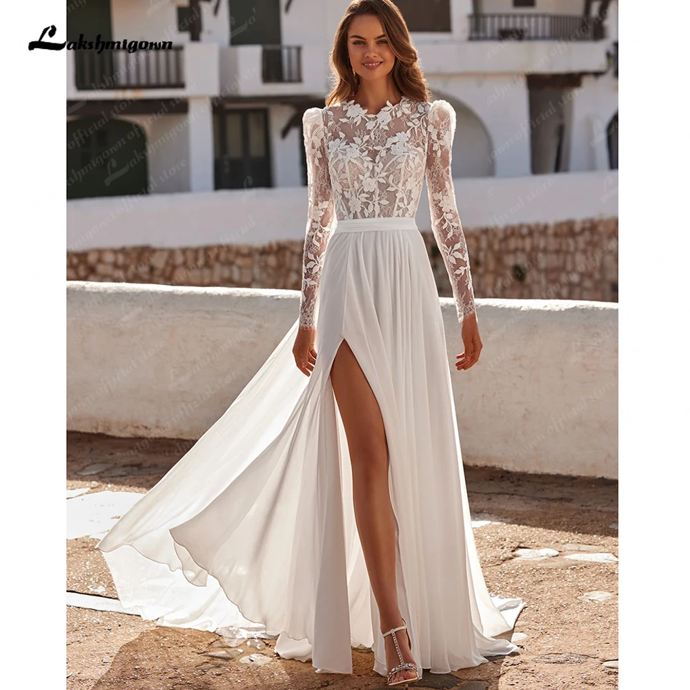 Lakshmigown Boho Zomer Strand Trouwjurk Lange Mouw Lange Chiffon Voorkant Split Goedkope Bohemian Bruid Jurken