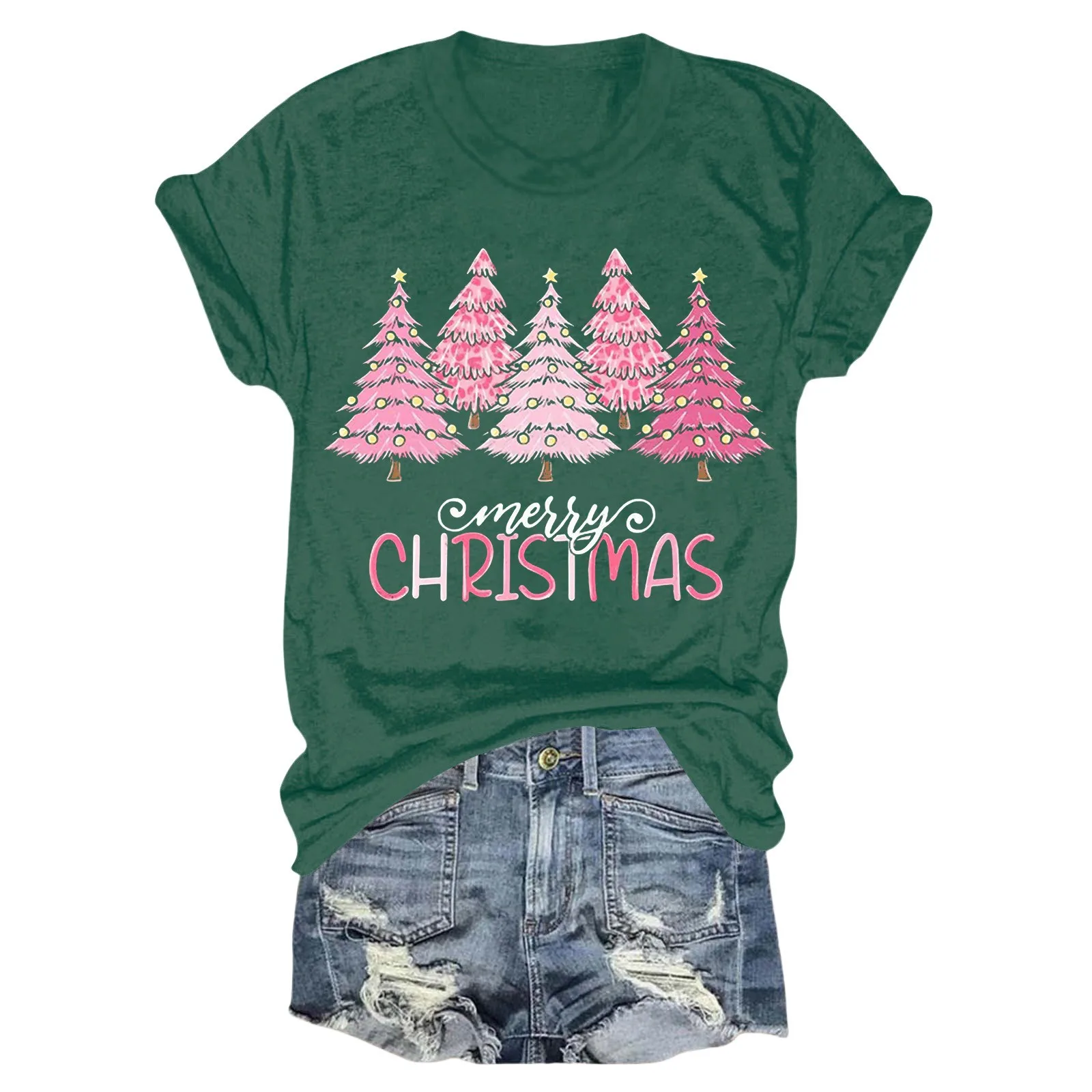 Merry Christmas Shirts Women Chic Pink Xmas Tree Graphic Short Sleeve T-Shirts Ladies O-Neck Soft Outdoor Charming Tops Clothing