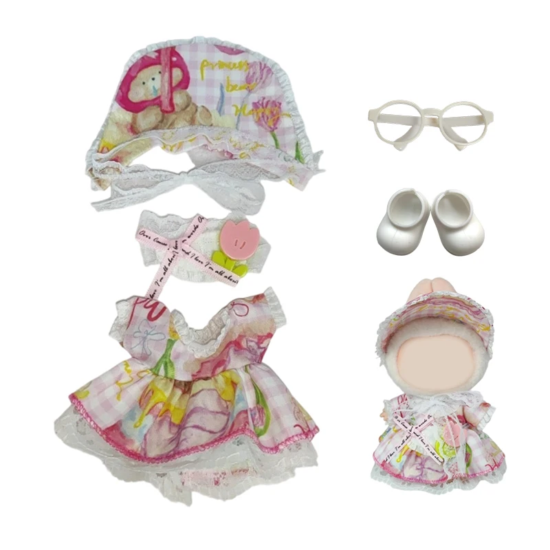

17cm Mini Plush Doll'S Clothes Outfit Accessories for Korea Kpop Labubu Idol Pink Bright Silk Bow Princess Gauze Skirt Clothing