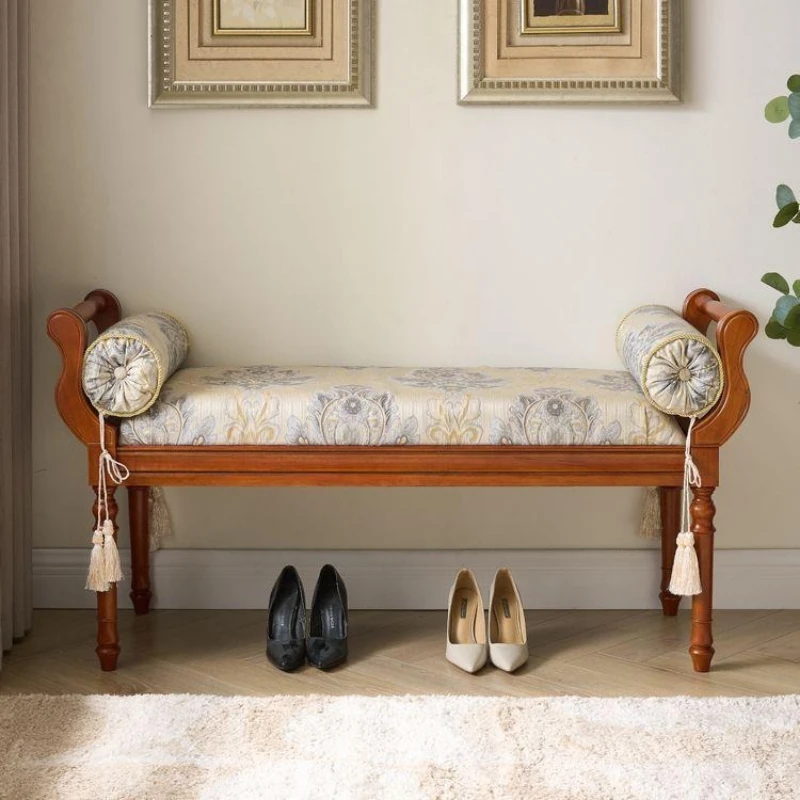 Chinese retro bedside stool European solid wood adult shoe changing stool fabric bench makeup