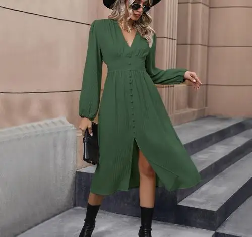 

2025 Autumn New Women's Fashion Casual Texture Long Sleeve Split Dress
