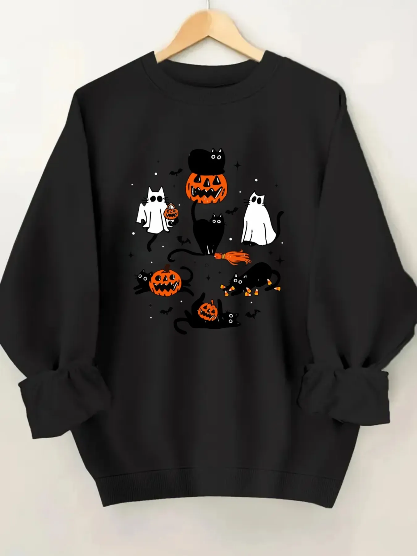 Women's Crew Neck Pullover Sweatshirt Halloween Cat Print Design, Soft Casual Long Sleeve, Daily Casual Top Outfit, Winter Women's Clothing, Halloween Costume Outfit
