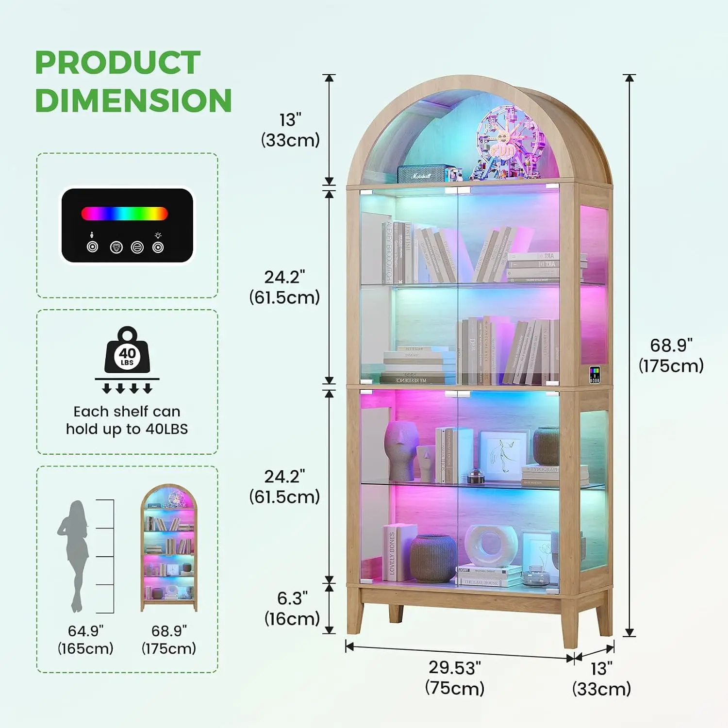 Arched Glass Cabinet RGB Motion Sensor Light APP Control Music Sync 5-Tier Bedroom Collectibles Natural, Customized