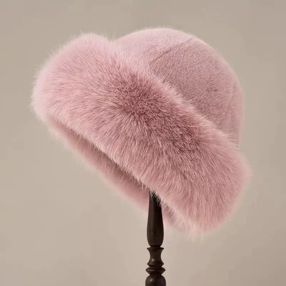 

Casual Warm Cap Faux Fur Mink Hat Korean Style Solid Color Plush Basin Cap Bucket Hat Solid Beanie Outdoor