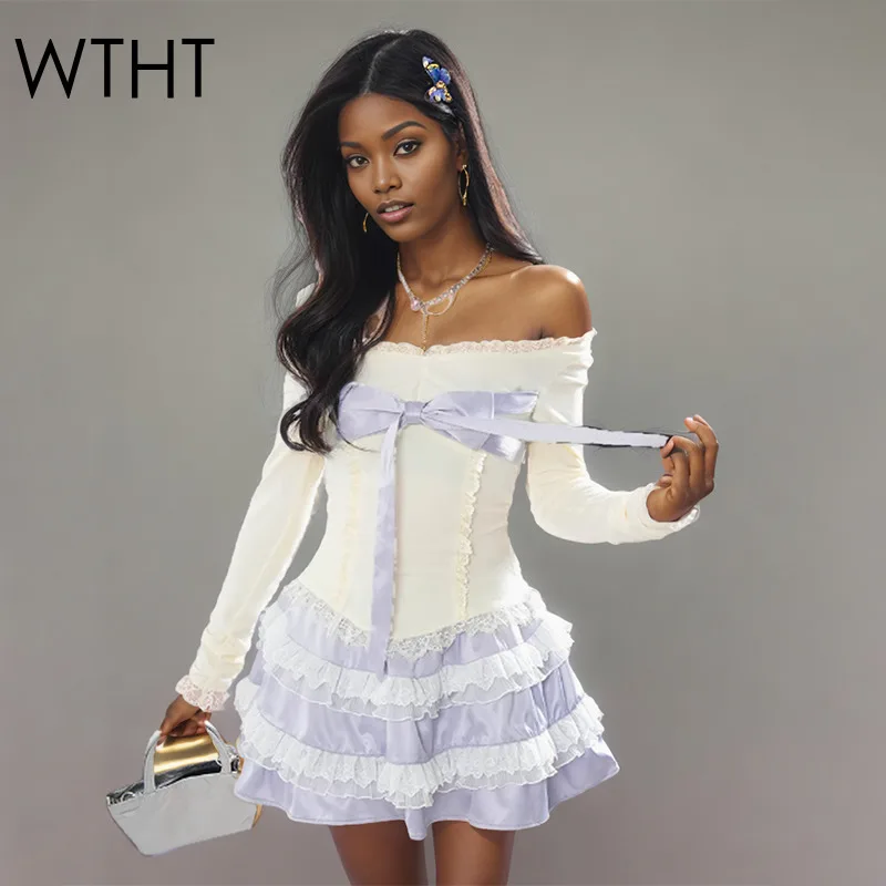 

WTHT Fashion Women's Suit Bow Long Sleeves Strapless Camisole Spliced Lace Edge A-line Skirts Set Female 2025 Summer 1LS1591