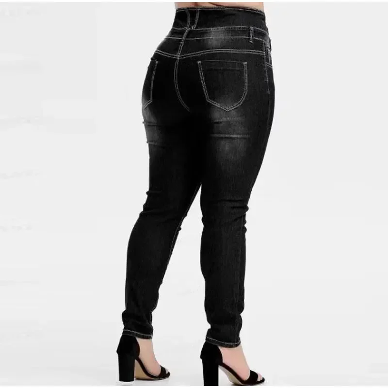 Pantalones vaqueros largos ajustados de talla grande con botones, color negro y gris, 4XL, 5XL, pantalones vaqueros finos elásticos de cintura alta para primavera para mujer, pantalones para mujer