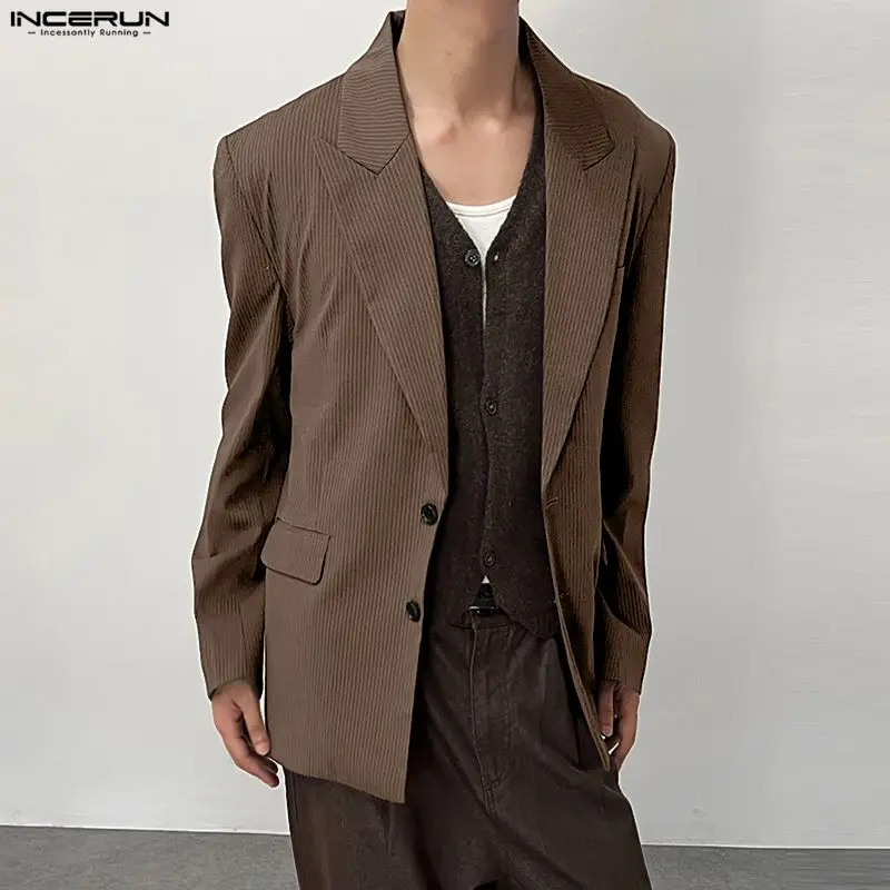 

INCERUN мужской полосатый пиджак с лацканами и длинными рукавами на пуговицах, повседневный мужской костюм, уличная одежда, элегантный модный тонкий пиджак 2025 года, мужской пиджак S-5XL