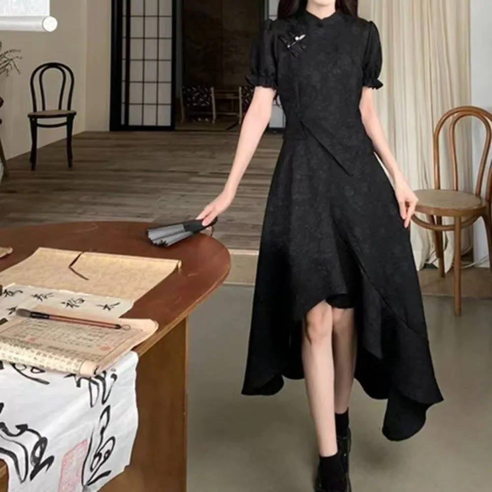 Chinese Style Cicpao Dress Modern Improved Cheongsam Assymmetrical Short Front Long Back Black Qipao Dress