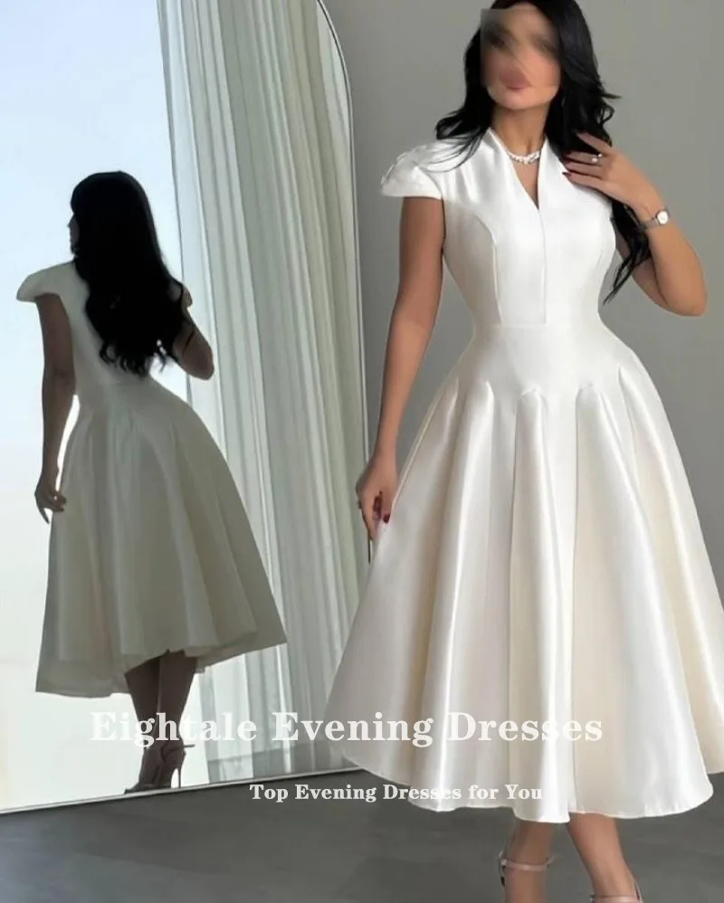 Eightale Arabische Abendkleider für Frauen, maßgeschneidert, V-Ausschnitt, Satin, Flügelärmel, A-Linie, Abschlussball, Partykleid, Hochzeit, Robes de Soirée