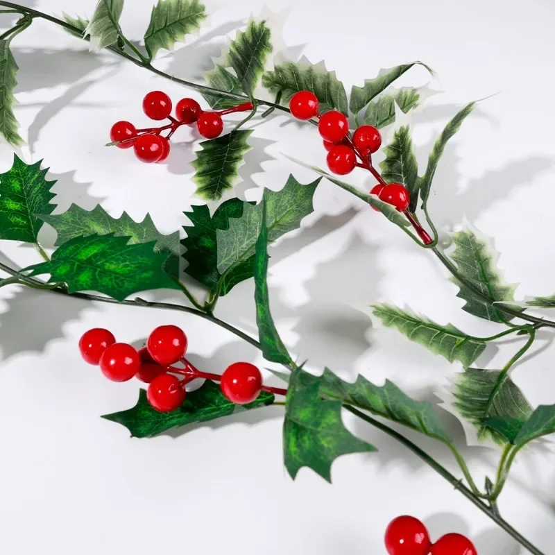 Artificial Holly Leaves Vine Garland with Light Strings Red Berries Wreath Hanging Ornament for DIY Xmas Tree Home Party Decors