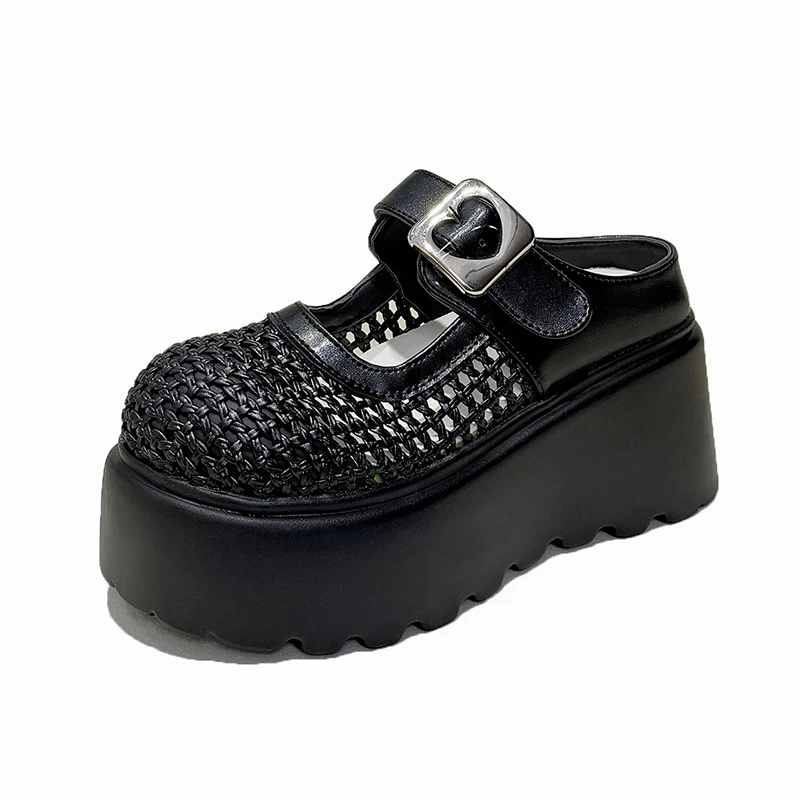 

8CM Thick Heels Sandals Women's New Summer Versatile Hollow Out Chunky Slippers Breathable Casual Leather Platform Shoes Woman