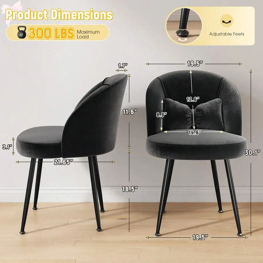 Vanity Chair With Back & Pillow, Armless Home Office Chair Cute Cozy Desk Chair With No Wheels Comfy Makeup Chair For Bedroom, L
