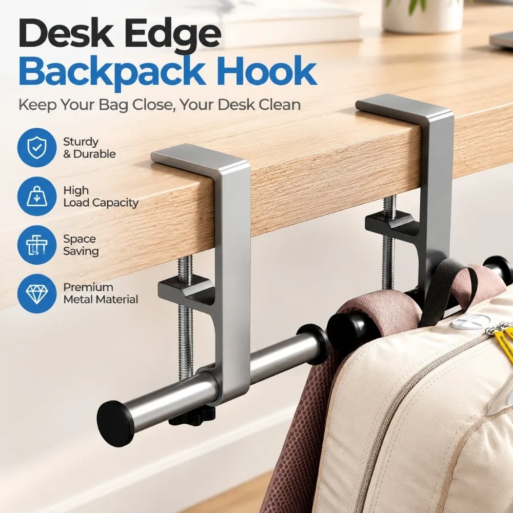 Aluminum Alloy Desk Bag Hanger Adjustable Clamp Detachable No-Drill Table Side Hook Scratch-Free Clip Strong Load Bearing