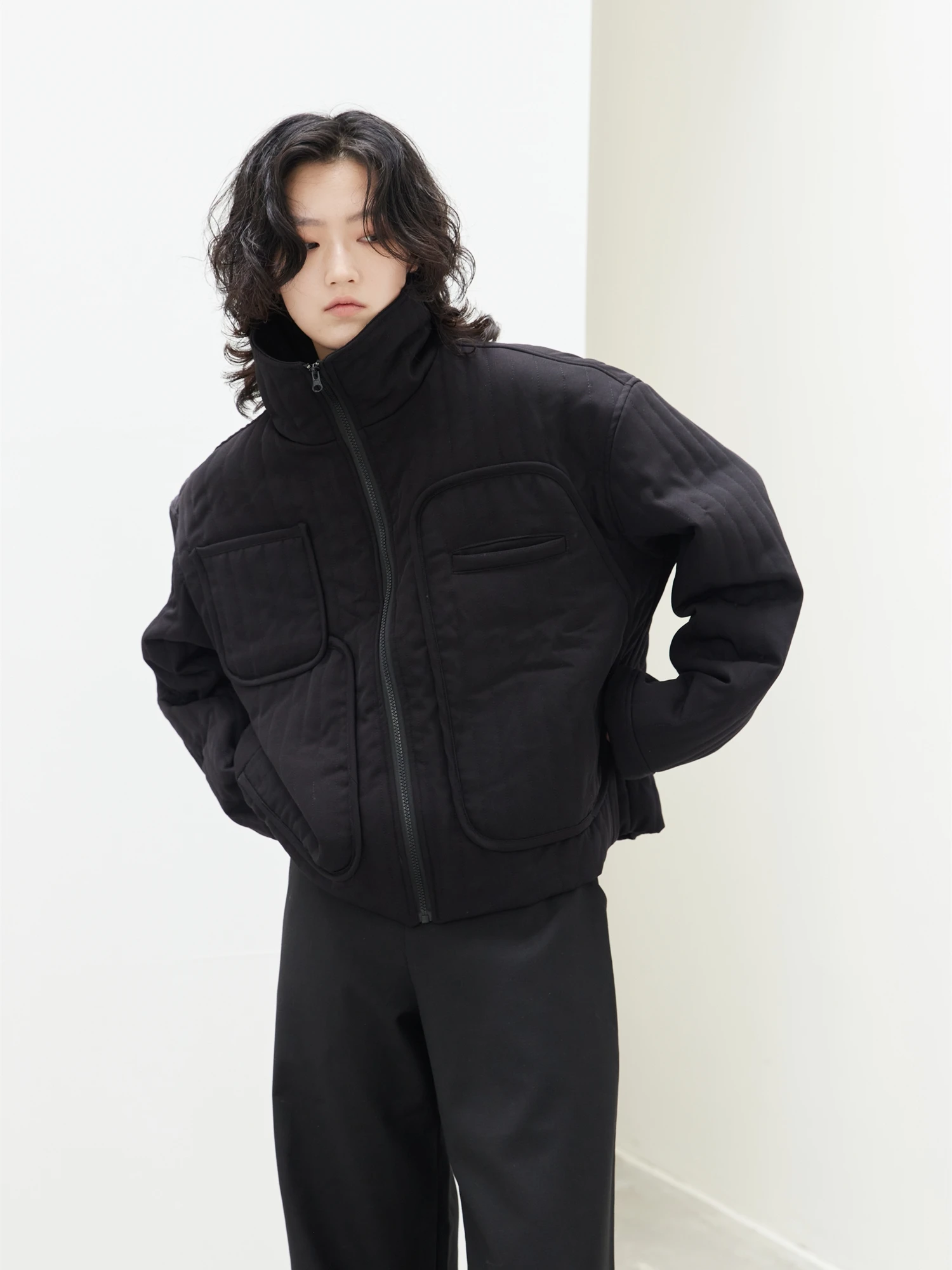 

Sunyvonne 22FW k Mountain ort Cotton Jaet with Zipper Multi-ket Stand Collar Trendy Commute Sle Pure Color