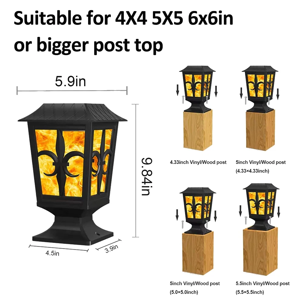 2 Pack Solar Post Light,Flickering Flame Post Cap LED Lamp,for Outdoor Deck Fence 4X4 5X5 6X6 Post Top Garden Patio Yard