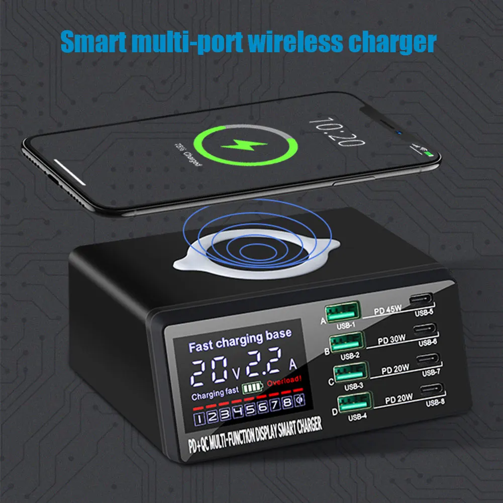 

QC3.0 PD15W Multi-port USB Charger Hub Multi-function Mobile Phone Charger Fast Chargering Wireless Charger With Smart Display