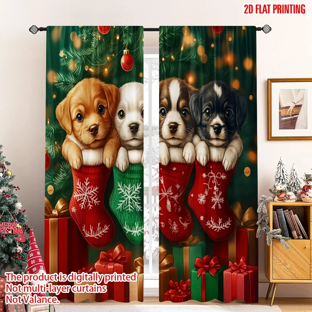 

2pcs 2D flat printing Merry Christmas Scene Curtains Cute Puppies Christmas Stockings Polyester Fabric Without Electricity