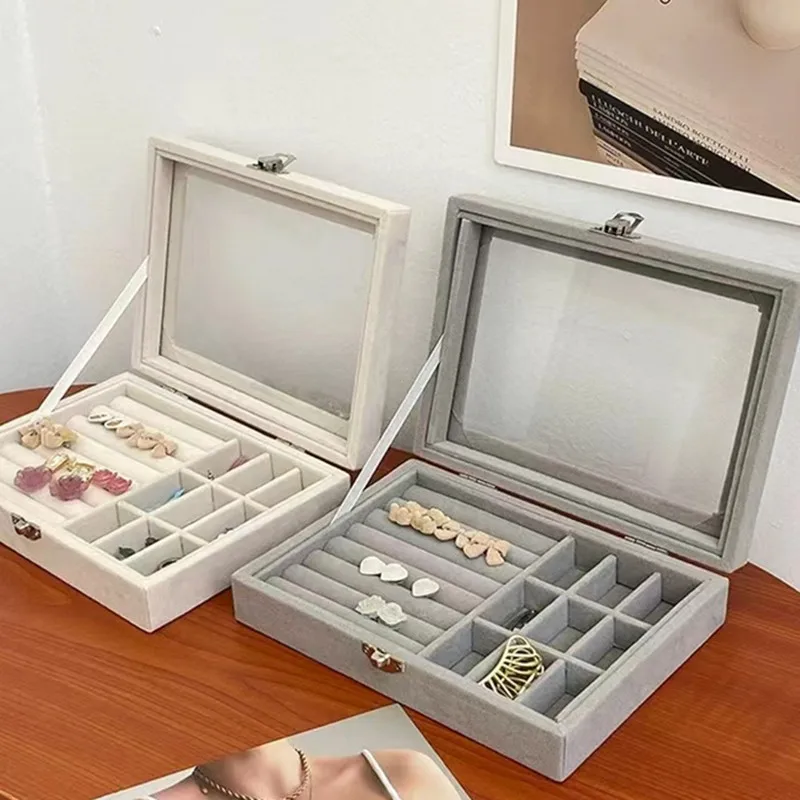 Joyero De terciopelo a prueba De polvo, caja De almacenamiento para anillos, vitrina, bandeja organizadora De Joyas para mujer, pendientes, Joyeros