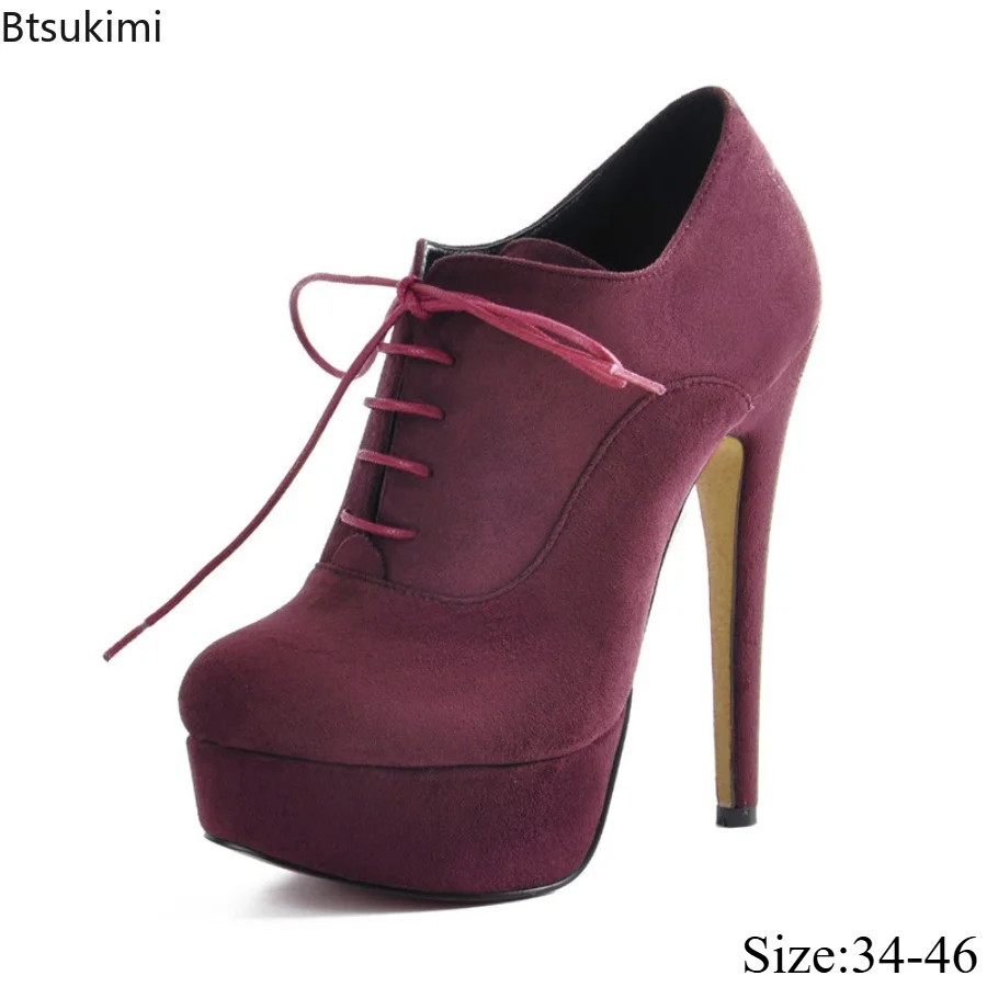 Women's Black Thick Soled Sexy High-heeled Ankle Boots Lace Up Patent Leather Slim High Heels Comfy Suede Plus Size Short Boots