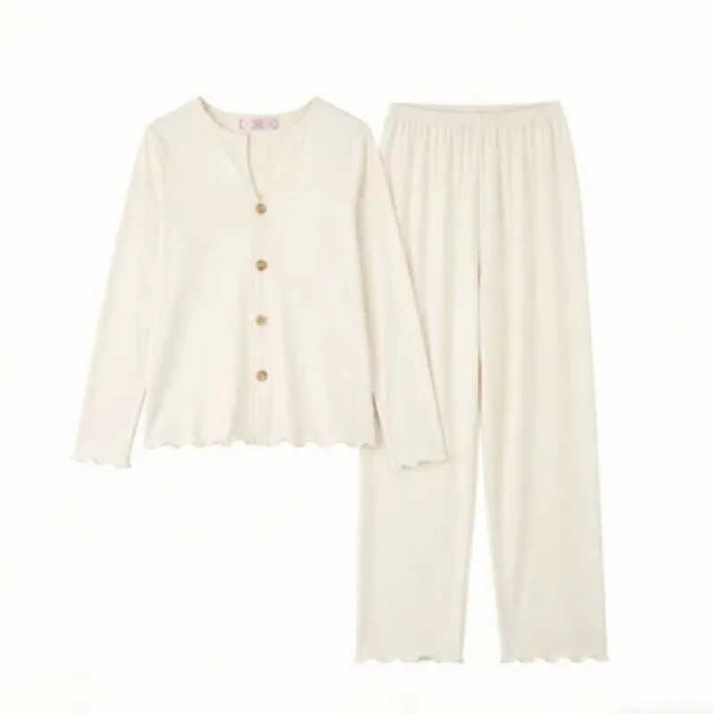 Lazy Style Women All Season Soft Ribbed Pajamas Set With Built In Bra Long Sleeve Loungewear Wearable Outside