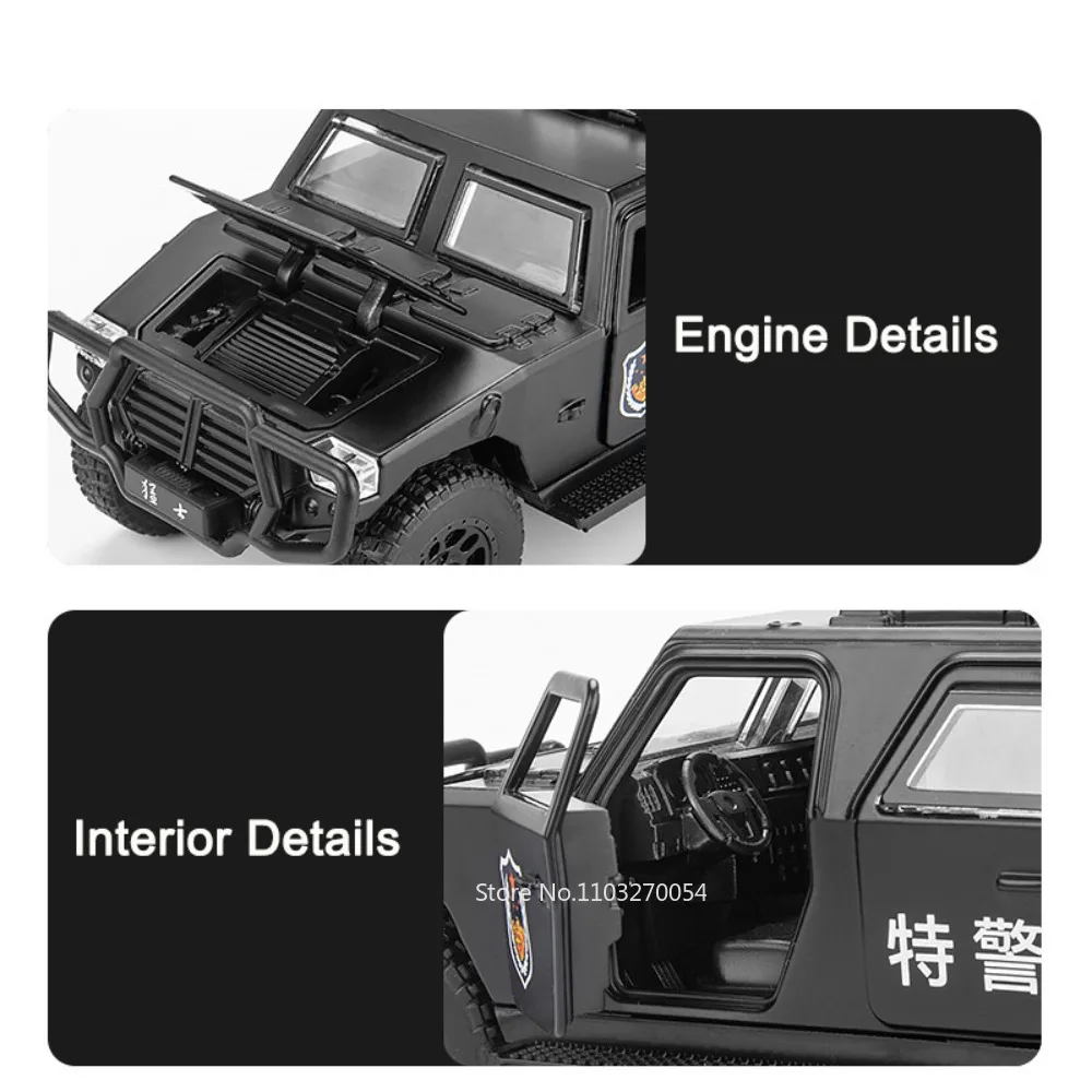 1/32 Dongfeng Warrior Toys Cars Model Alloy Diecast SUV Police Car Sound Light Pull Back Metal Body Rubber Tire Toys Kids Gifts